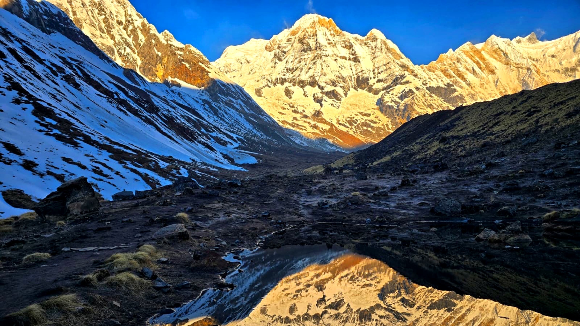 Annapurna and the Sanctuary peaks reflected in a still pool at dawn